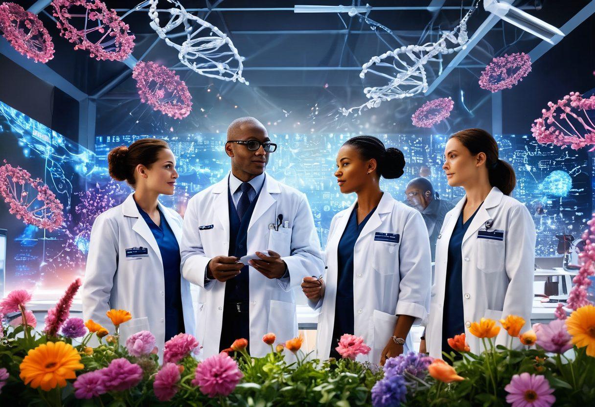 An inspiring and uplifting scene showcasing a diverse group of doctors and researchers in a modern lab, collaborating on cancer research. Surround them with symbols of hope like blooming flowers and DNA strands, while a bright light beams from above, representing breakthroughs in treatment. The background features a futuristic cityscape with advanced medical technology. super-realistic. vibrant colors. white background.