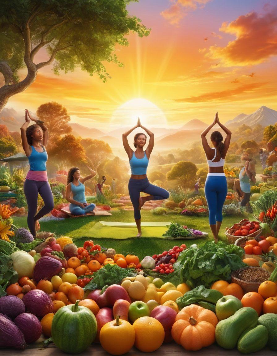 A vibrant landscape depicting a diverse group of individuals engaging in wellness activities such as yoga, meditation, gardening, and cooking healthy meals. Include elements representing prevention, such as fresh produce and fitness gear, alongside symbols of survival like a sunrise and a supportive community. The scene should convey positivity, health, and inclusivity. bright colors. super-realistic.