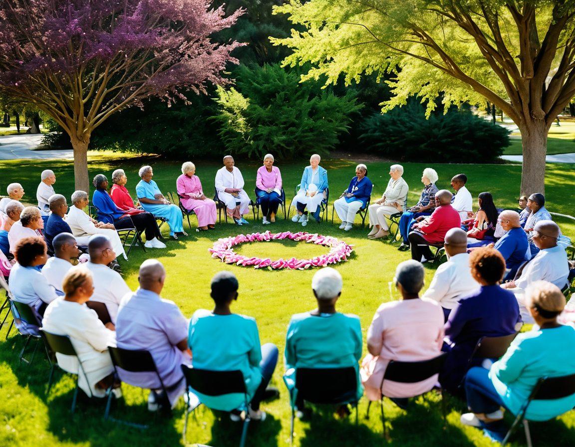 A warm and inviting community gathering, showcasing diverse cancer patients sharing their stories in a supportive circle, intertwined with vibrant ribbons representing cancer awareness. Include elements like advocacy posters and a serene park setting in the background, symbolizing hope and unity. super-realistic. vibrant colors. soft focus.